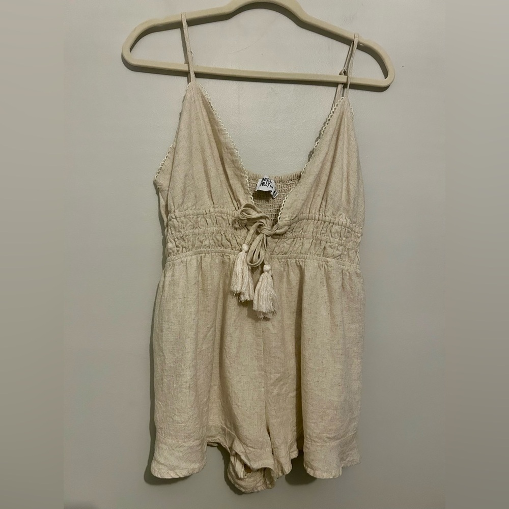 Princess Polly Linen Blend Tie Front Neutral Romper Sz 10 L Large